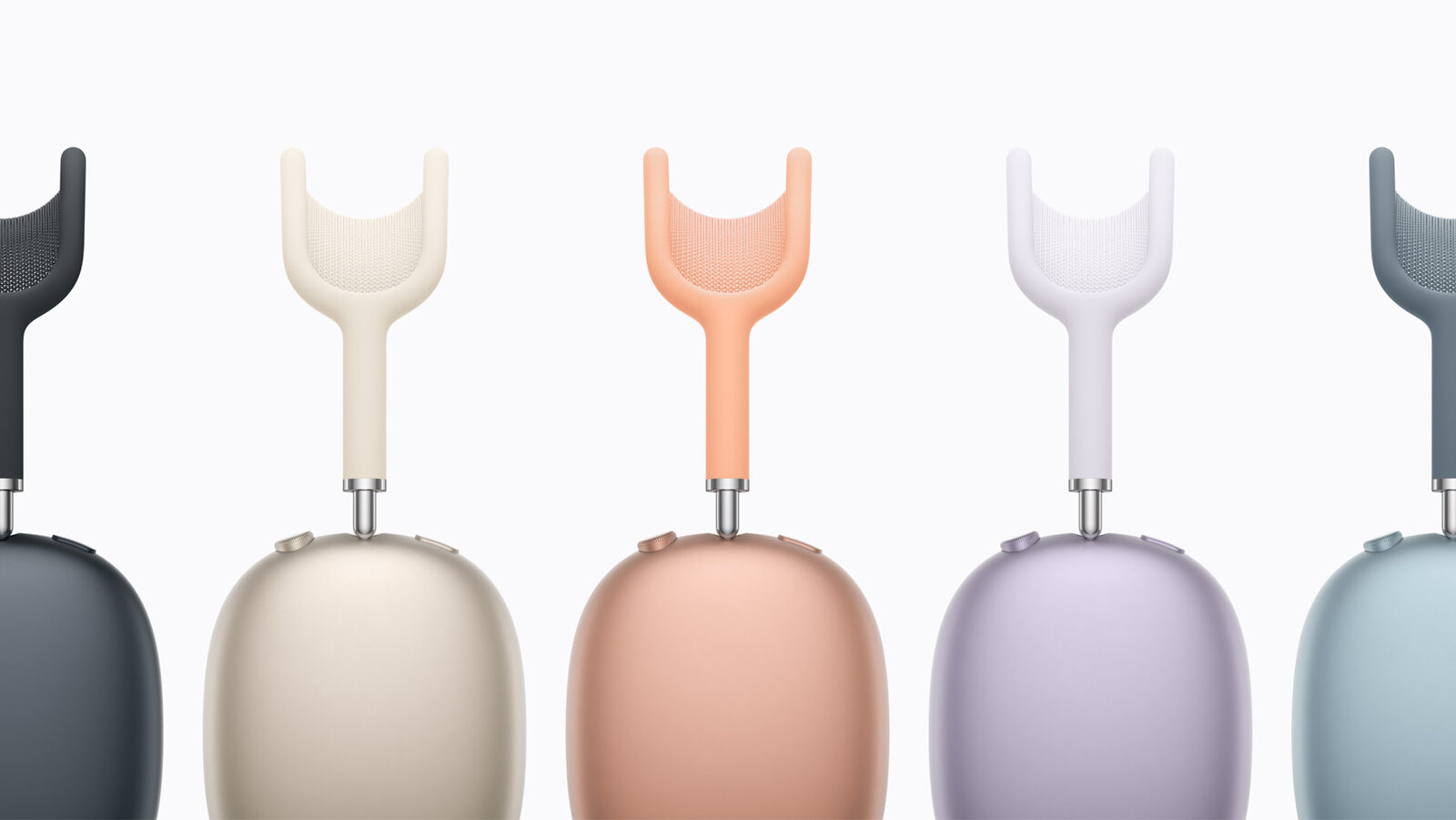 Gece yarısı, yıldız ışığı, turuncu, mor ve mavi renklerde yan yana AirPods Max 2 kulaklıklar