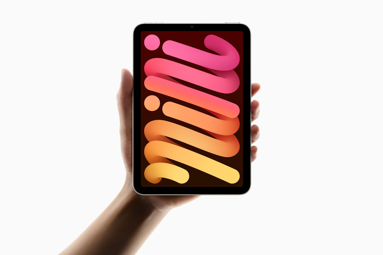 Tek elde dikey tutulan, ekranında turuncu-pembe dalgalar olan iPad mini
