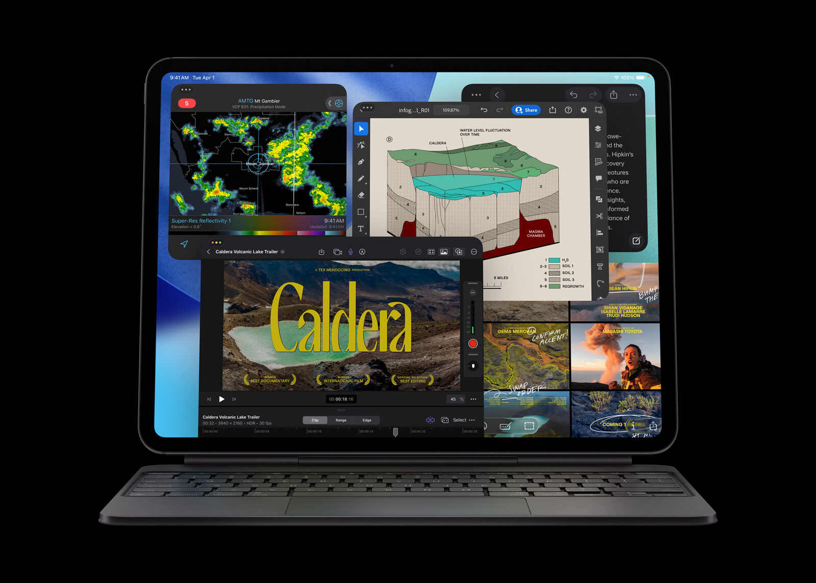 Magic Keyboard'a takılı, ekranında birden çok uygulama penceresi açık uzay siyahı iPad Pro