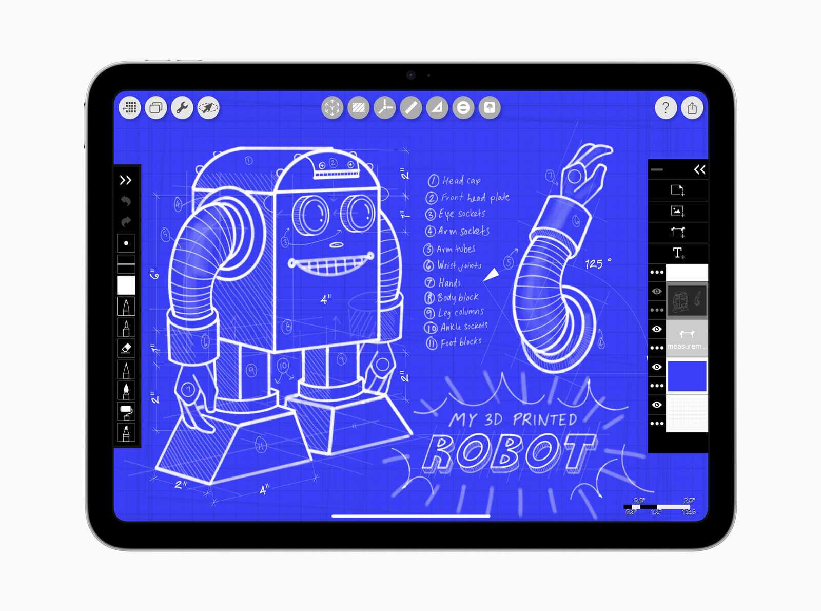 Ekranında mavi zemin üzerine robot çizimi açık olan gümüş iPad (A16)