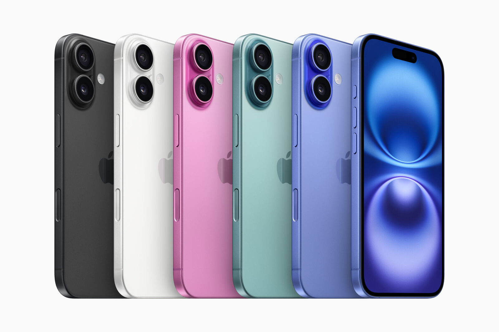 Siyah, beyaz, pembe, deniz mavisi ve laciverttaş iPhone 16'lar yan yana