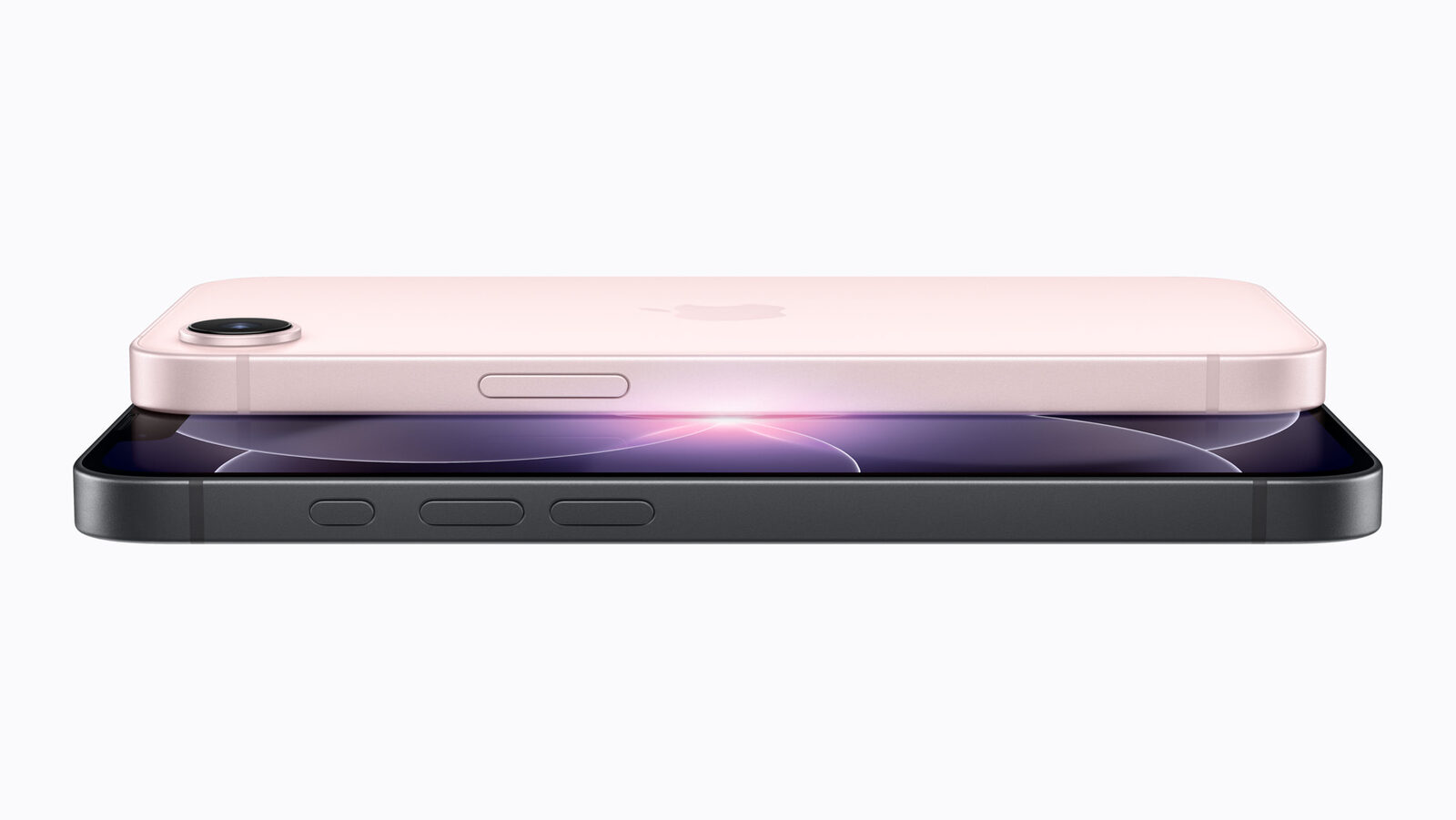 Pembe ve siyah iPhone 17e'nin yandan görünümü