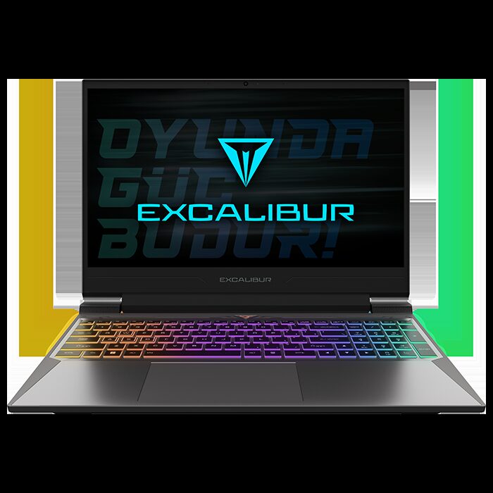 Ekranında Excalibur logosu olan Casper Excalibur G870 oyun dizüstüsü