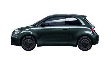 Koyu yeşil Fiat 500e Giorgio Armani yandan görünüm