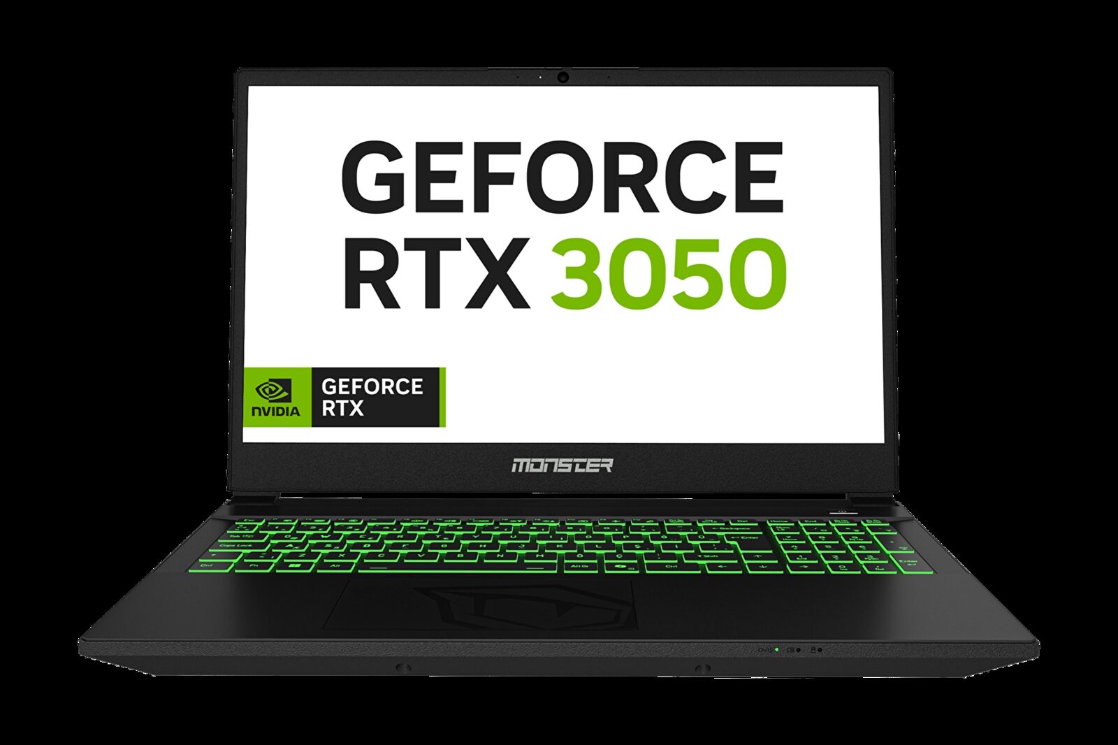 Ekranında GeForce RTX 3050 yazan siyah Monster Abra A5 oyun dizüstüsü