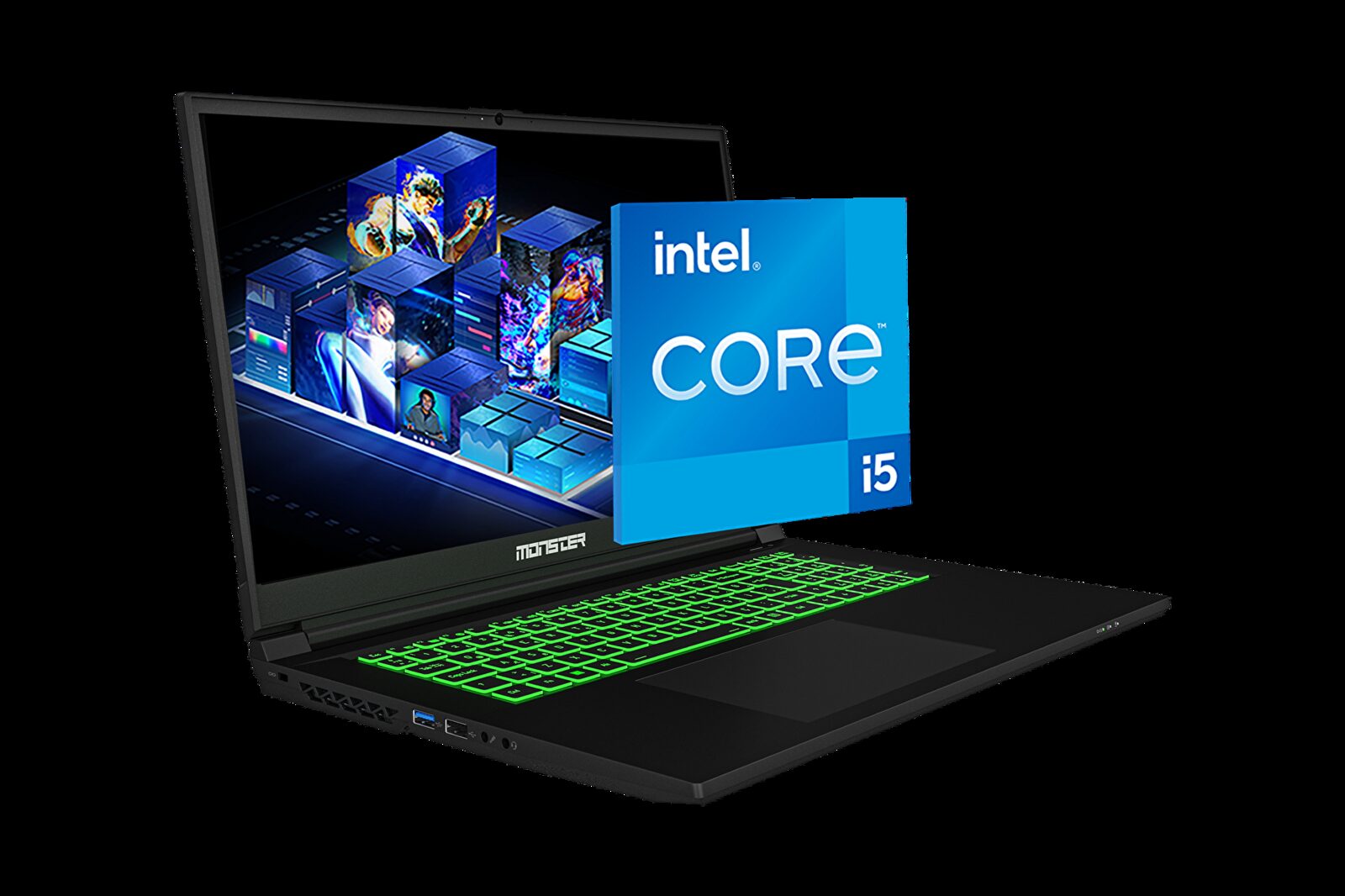 Klavyesi yeşil aydınlatmalı, ekranın önünde Intel Core i5 logosu bulunan 17,3 inç Monster Abra A7 V15.5 dizüstü