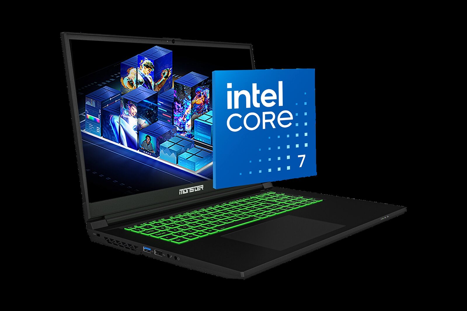 Klavyesi yeşil aydınlatmalı, yanında Intel Core 7 logosu bulunan 17,3 inç Monster Abra A7 V15.6 dizüstü