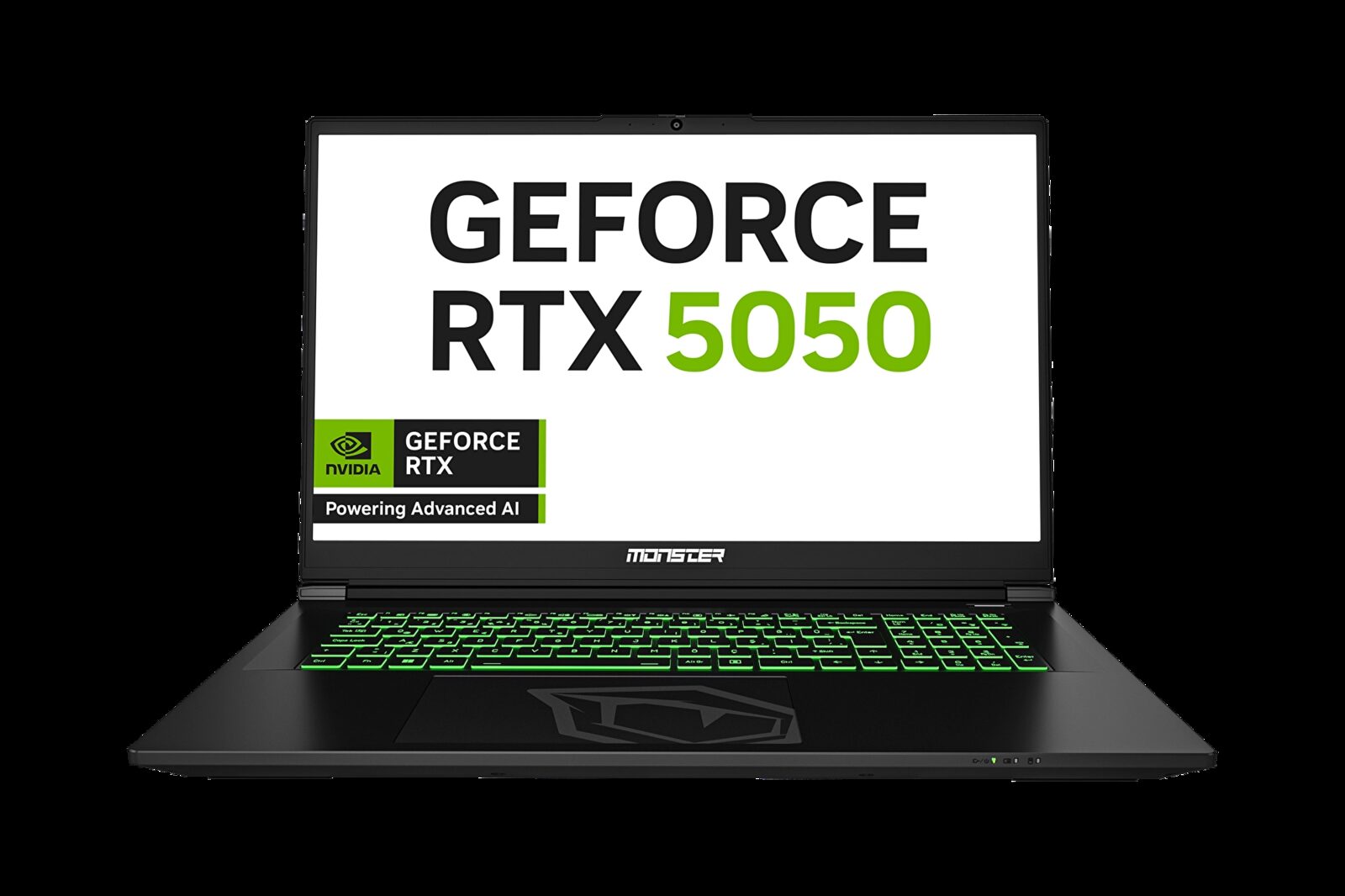 Ekranında GeForce RTX 5050 yazan 17,3 inç Monster Abra A7 dizüstü