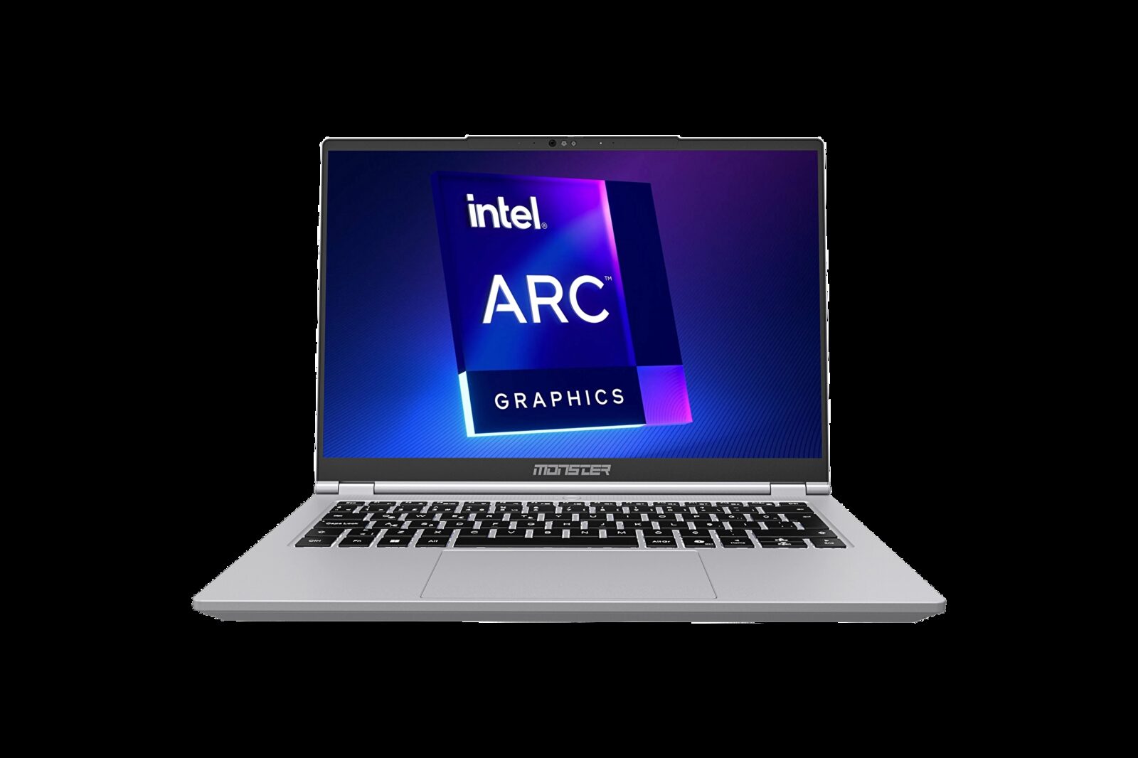 Ekranında Intel Arc Graphics logosu olan gümüş renkli Monster Huma H4 V6.1 dizüstü