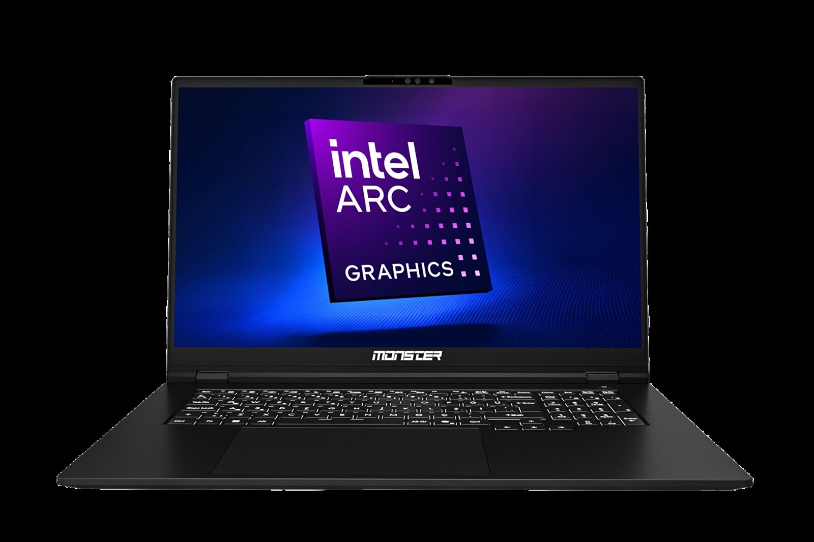 Ekranında Intel Arc Graphics logosu olan 17,3 inç Monster Huma H7 dizüstü