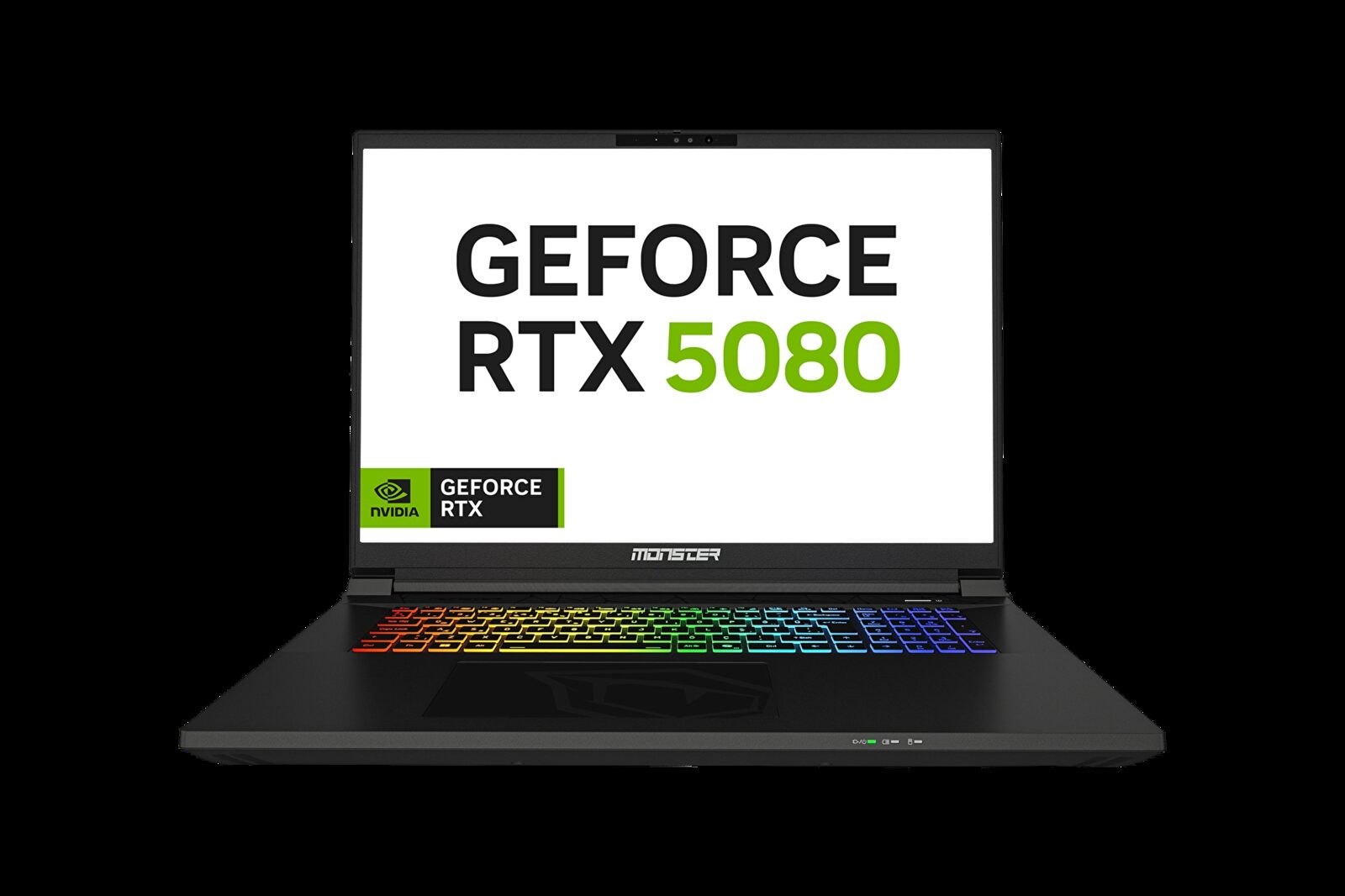 Ekranında GeForce RTX 5080 yazan, RGB klavyeli siyah Monster Semruk S8 dizüstü