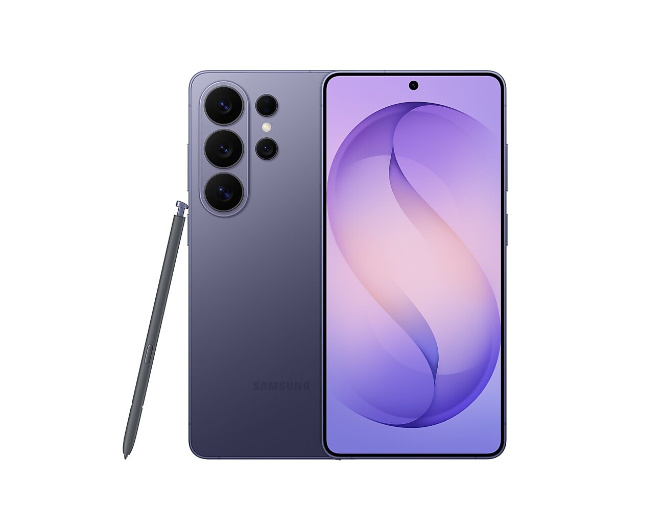 Kobalt mor Galaxy S26 Ultra ve S Pen önden ve arkadan