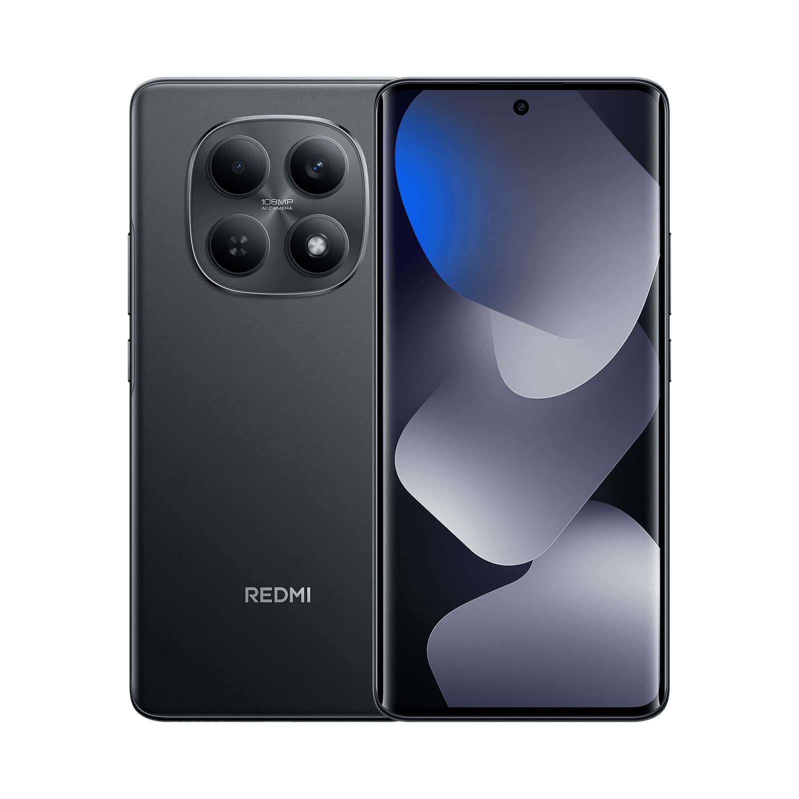 Siyah Redmi Note 15 önden ve arkadan