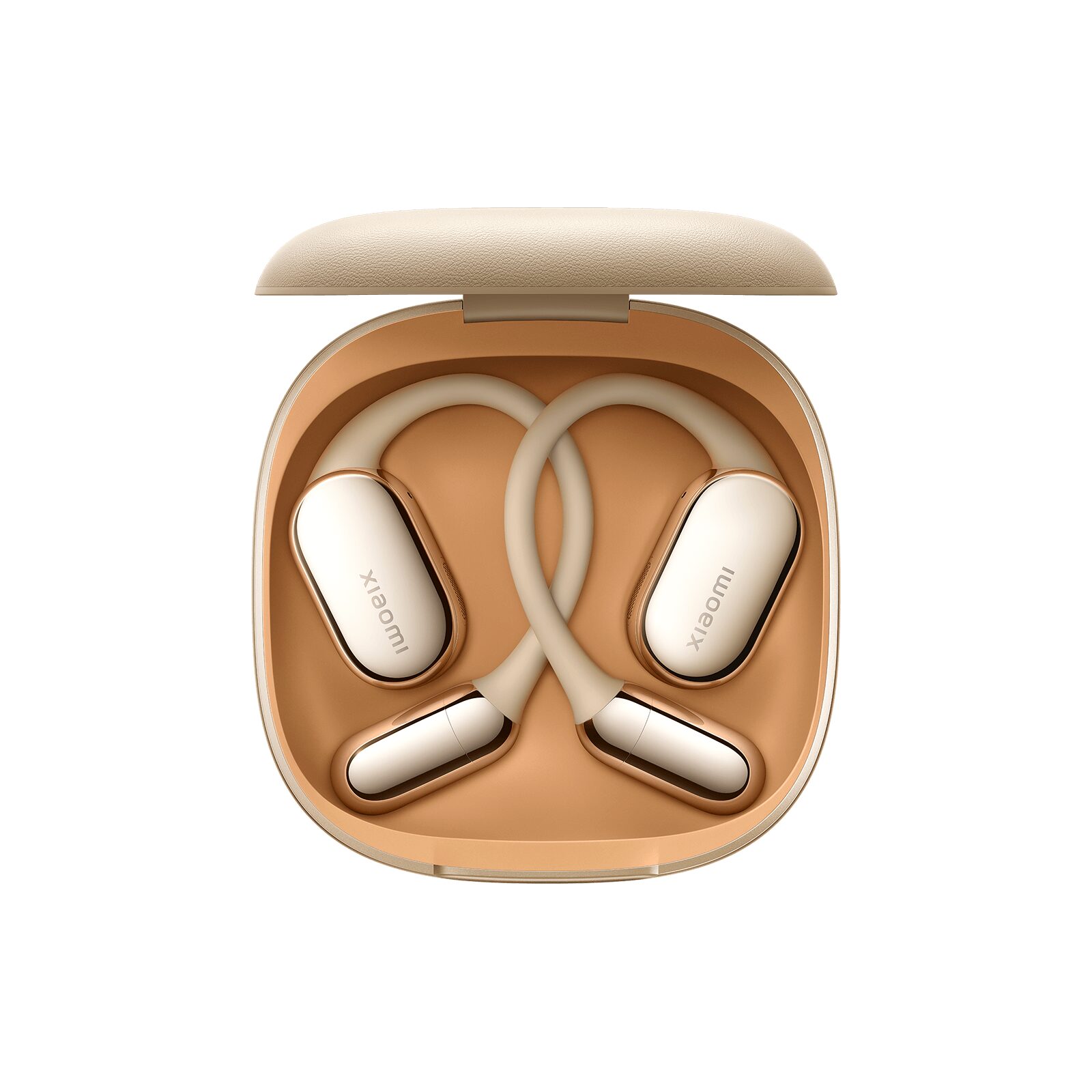 Kum sarısı Xiaomi OpenWear Stereo Pro şarj kutusunda