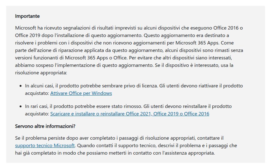 Avviso di Microsoft sulla pagina di supporto italiana di KB5002907