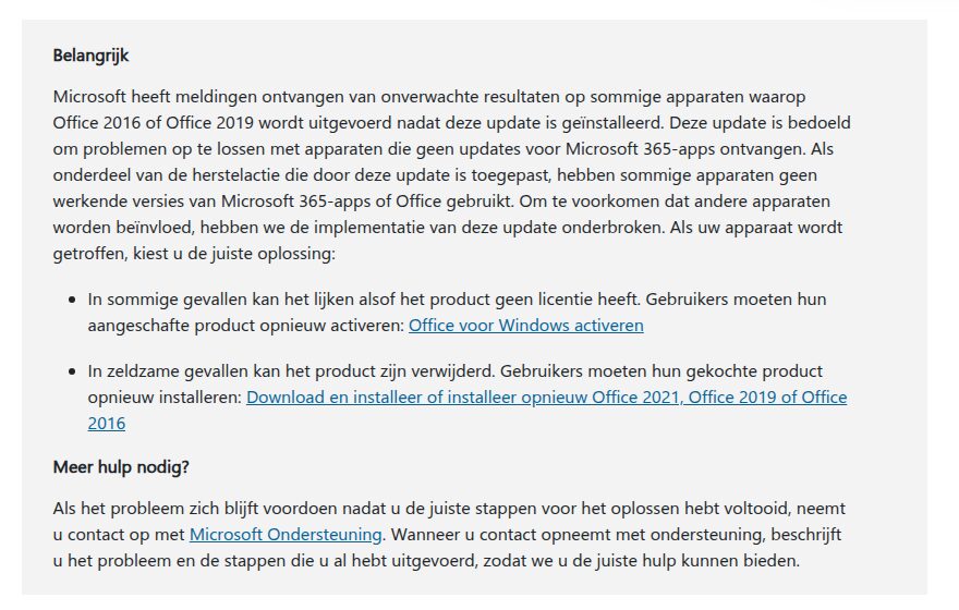 Melding van Microsoft op de Nederlandstalige supportpagina van KB5002907