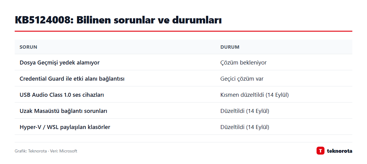 KB5124008 güncellemesinin bilinen sorunları ve çözüm durumları