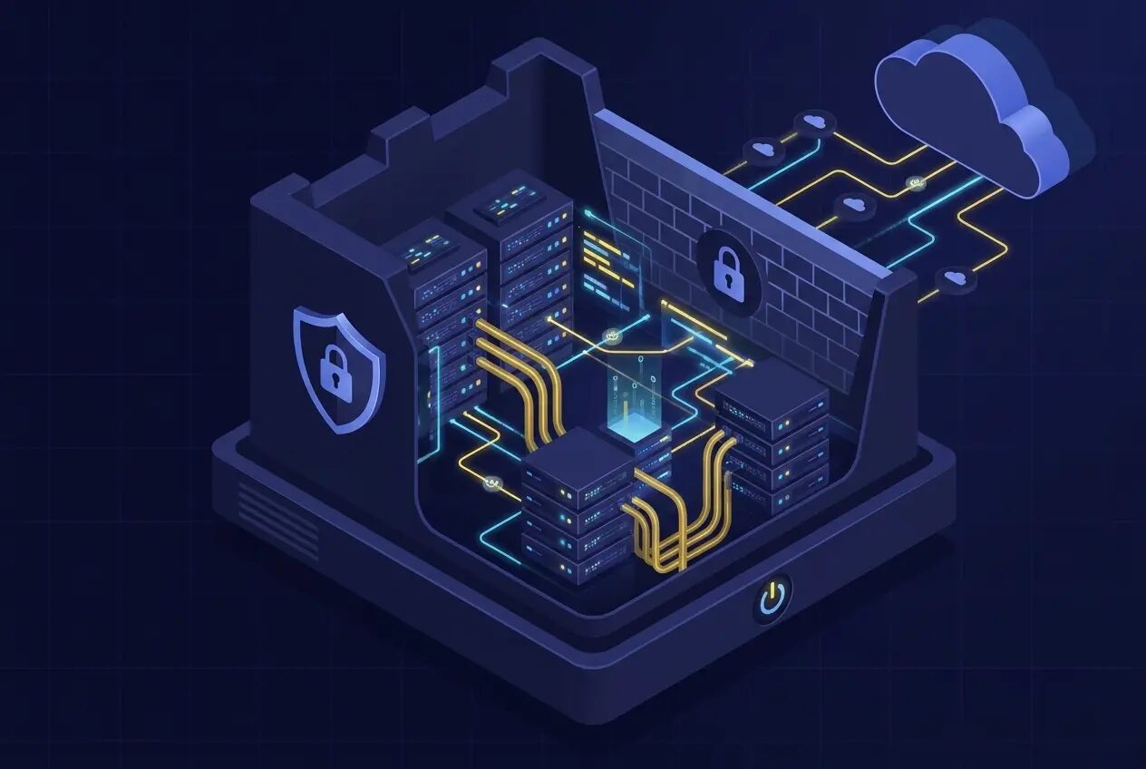 Illustrazione ufficiale Kiteworks di un'installazione on-premise con server protetti da uno scudo