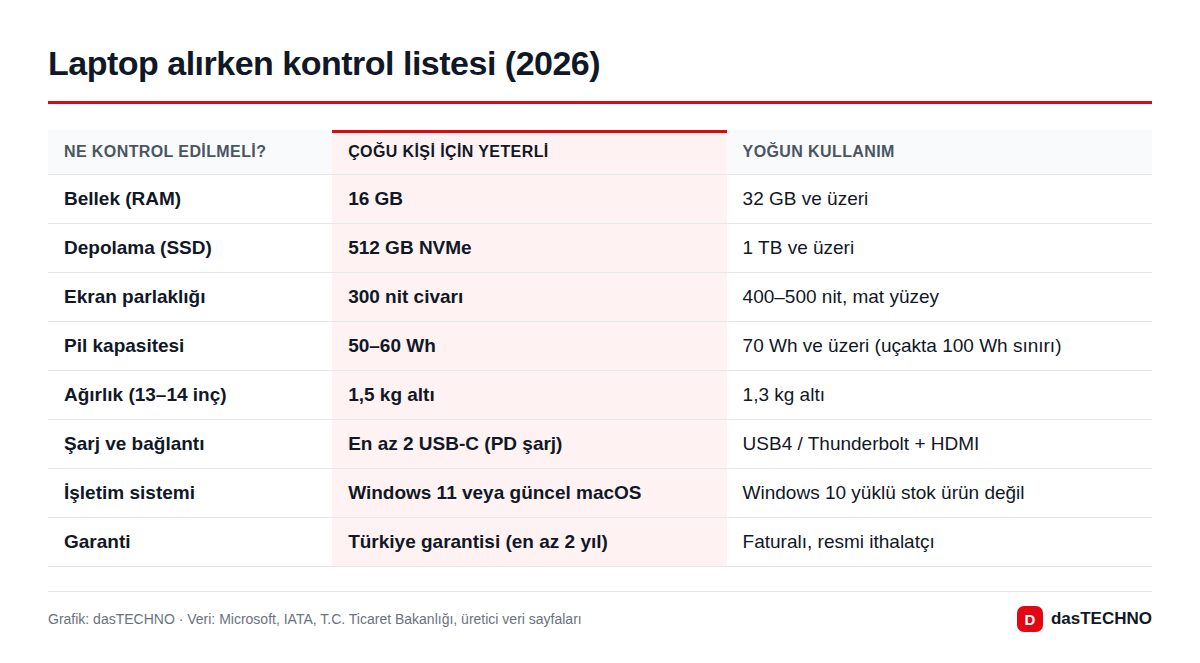 Grafik: dasTECHNO · Veri: Microsoft, IATA, T.C. Ticaret Bakanlığı, üretici veri sayfaları Laptop alırken kontrol listesi (2026)