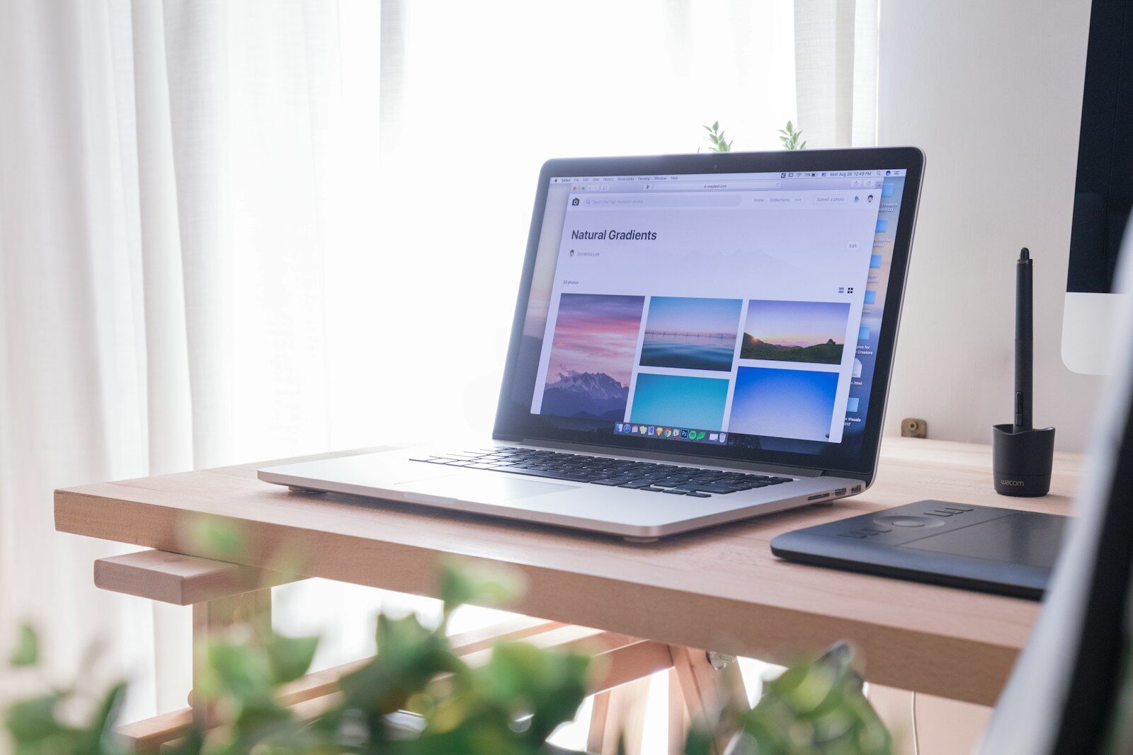 Aufgeklappter Laptop auf einem hellen Holzschreibtisch vor einem Fenster mit Pflanzen im Vordergrund