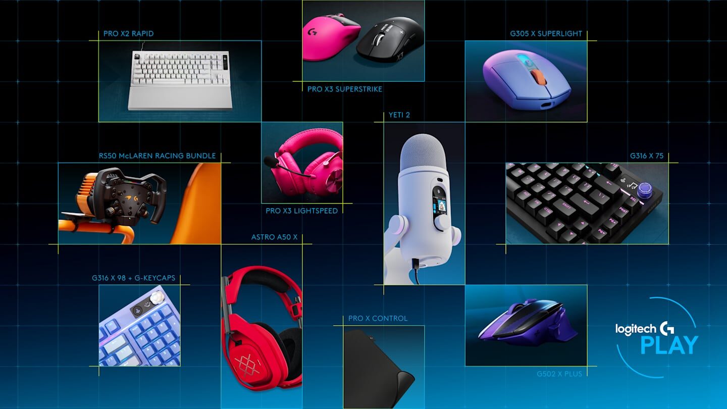 Collage der neuen Logitech-G-Produkte von 2026 mit Yeti 2, Pro X3 Superstrike, Pro X3 Lightspeed, Astro A50 X und RS50-Lenkrad