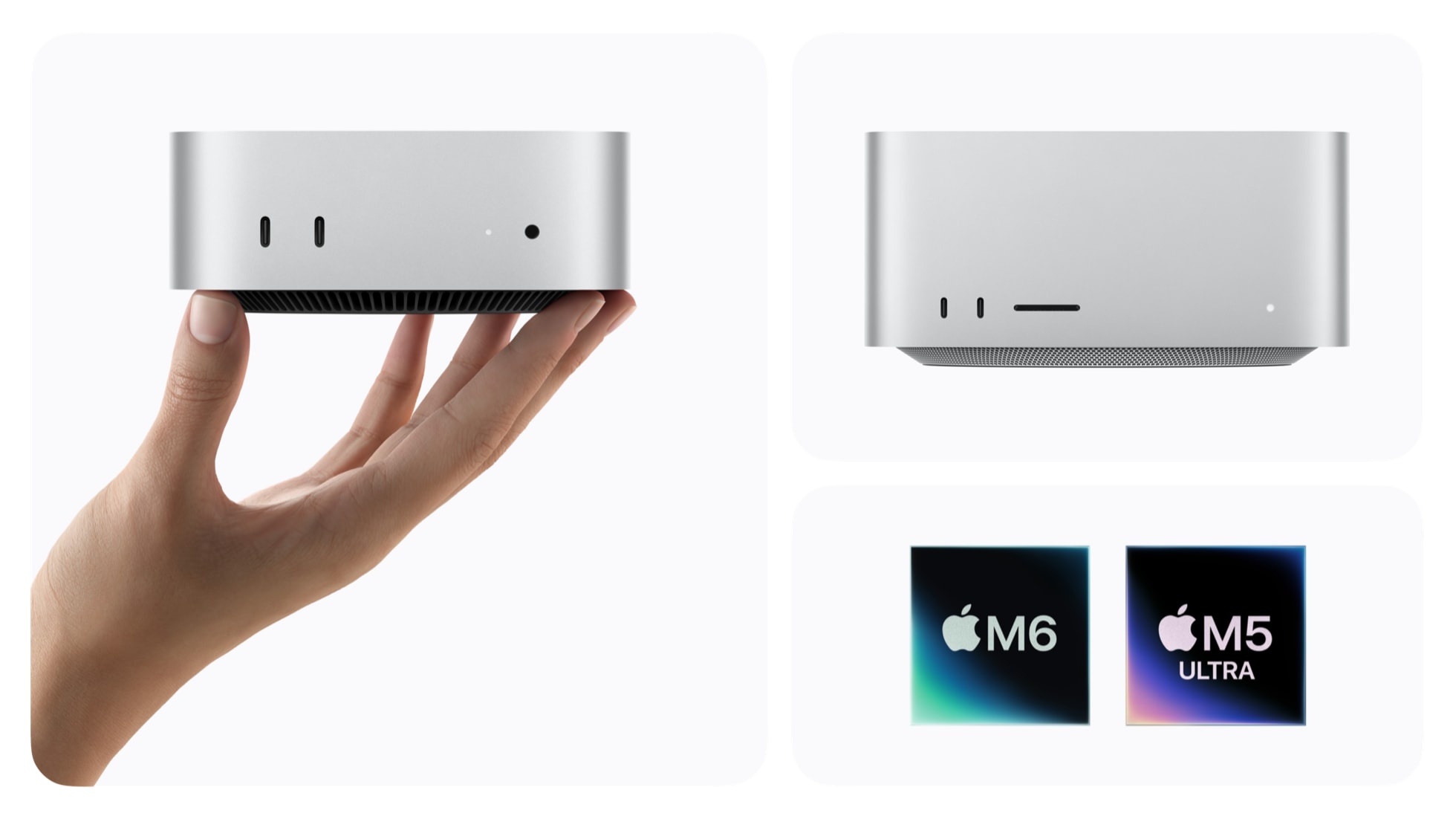 Der neue Mac mini in einer Hand, dahinter der Mac Studio mit den Chip-Logos M6 und M5 Ultra