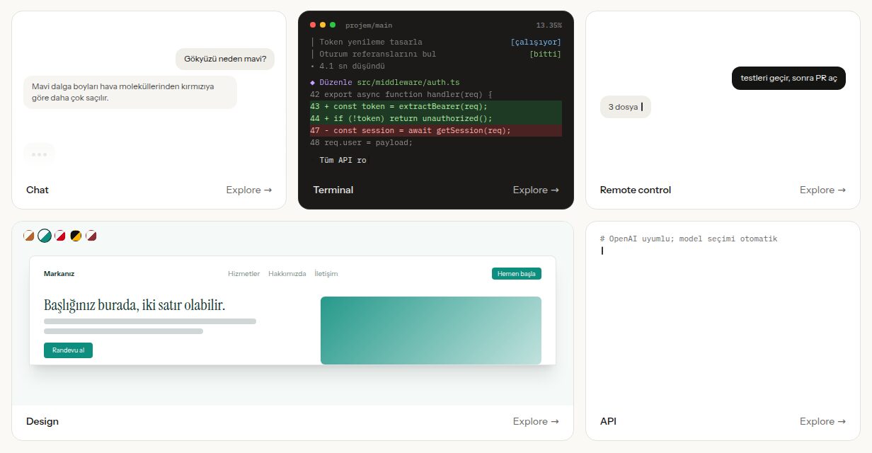 Malakli ana sayfasındaki Chat, Terminal, Remote control, Design ve API kartları