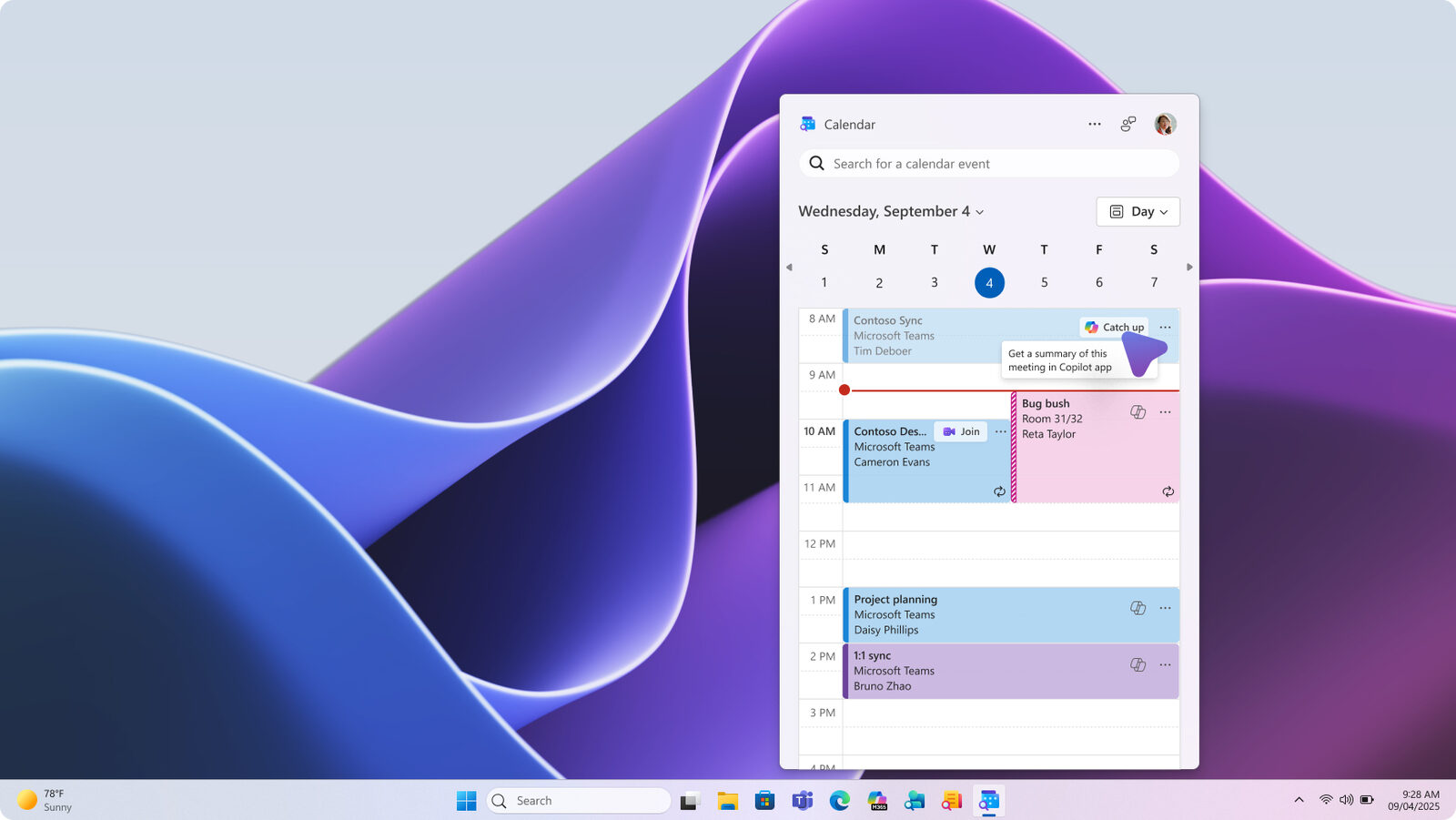 Windows 11 görev çubuğunun üzerinde açılan Takvim yardımcı uygulaması