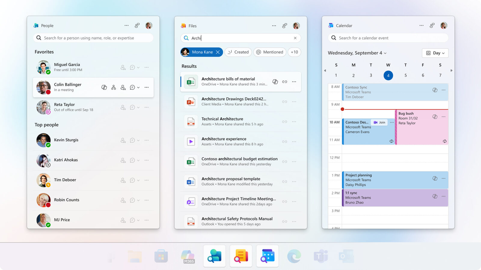 Microsoft 365 Kişiler, Dosyalar ve Takvim yardımcı uygulamaları Windows 11 masaüstünde yan yana