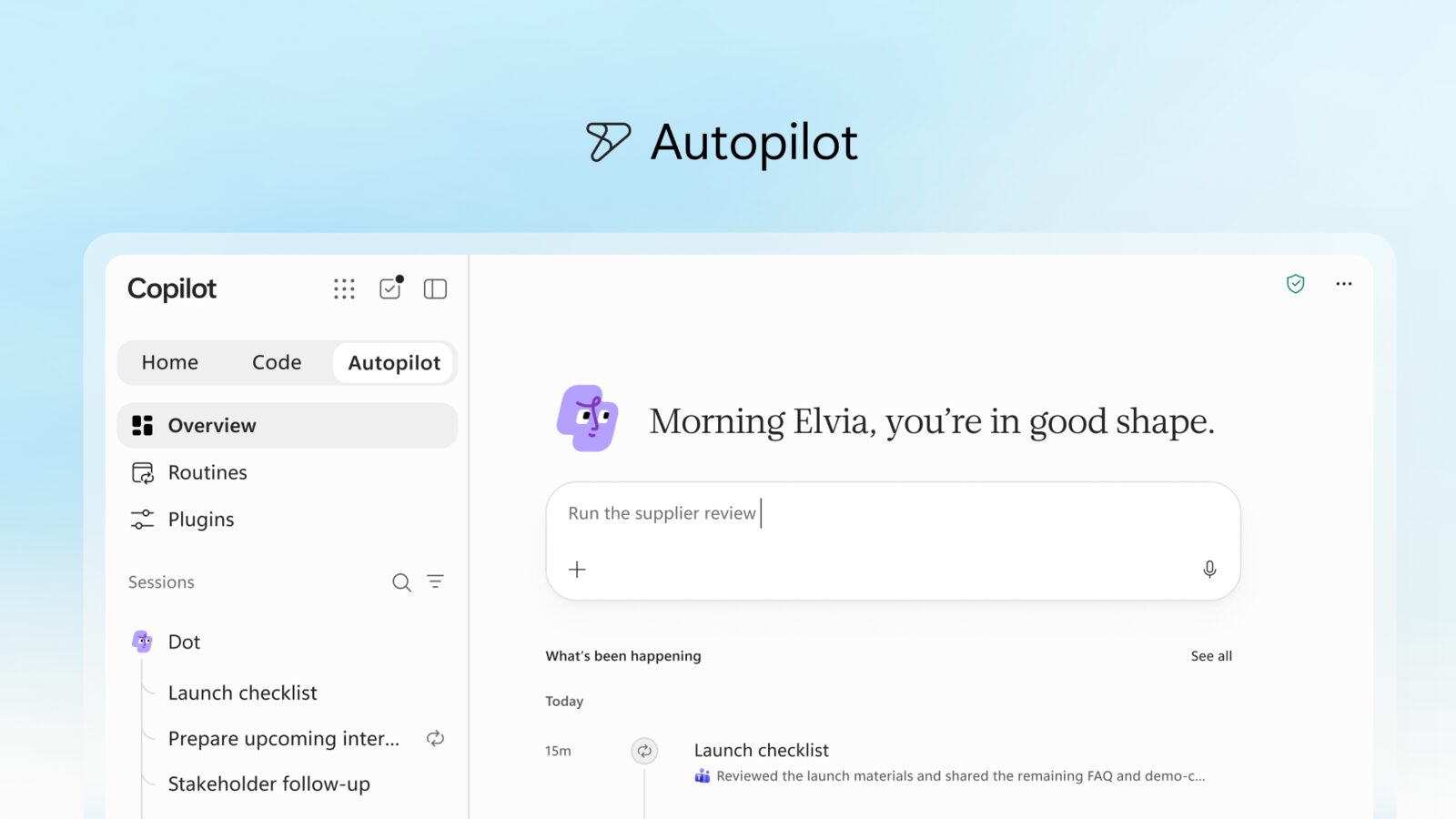 La scheda Autopilot della nuova app Copilot
