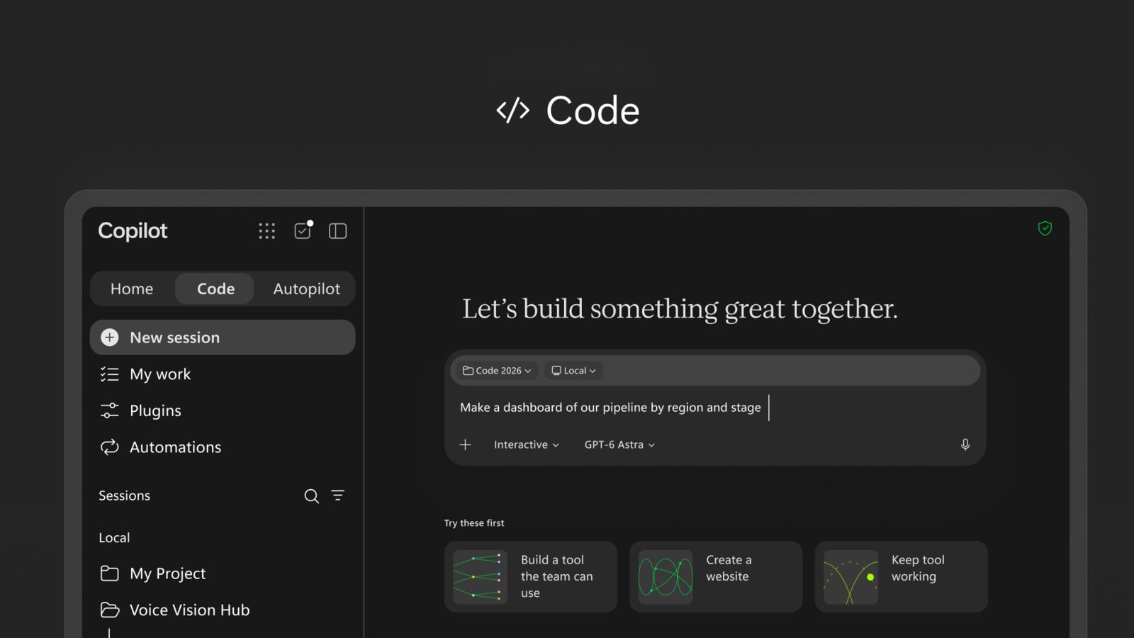 La scheda Code della nuova app Copilot