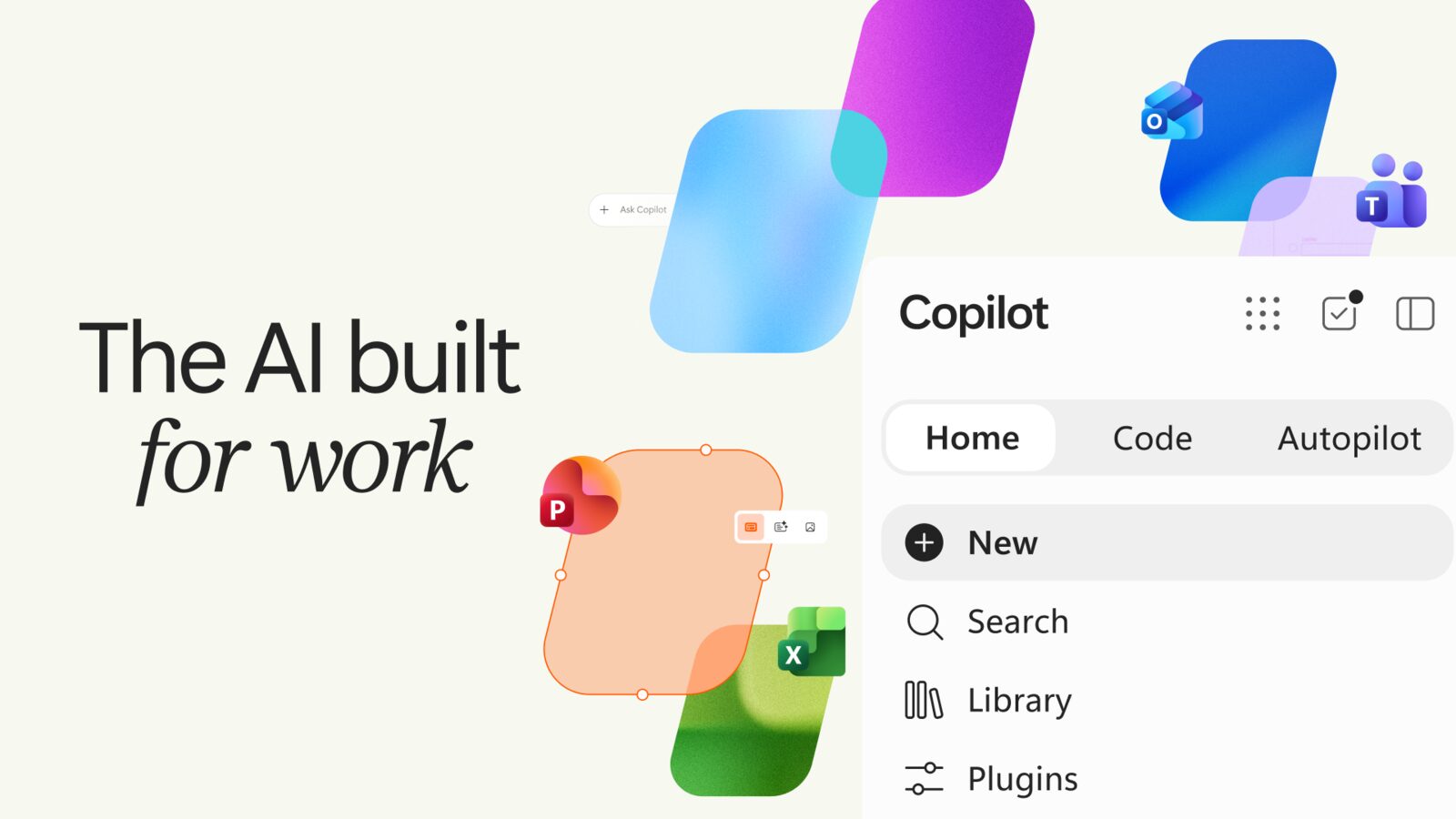 La nuova app Microsoft Copilot con le schede Home, Code e Autopilot e le icone di Word, Excel, PowerPoint, Outlook e Teams