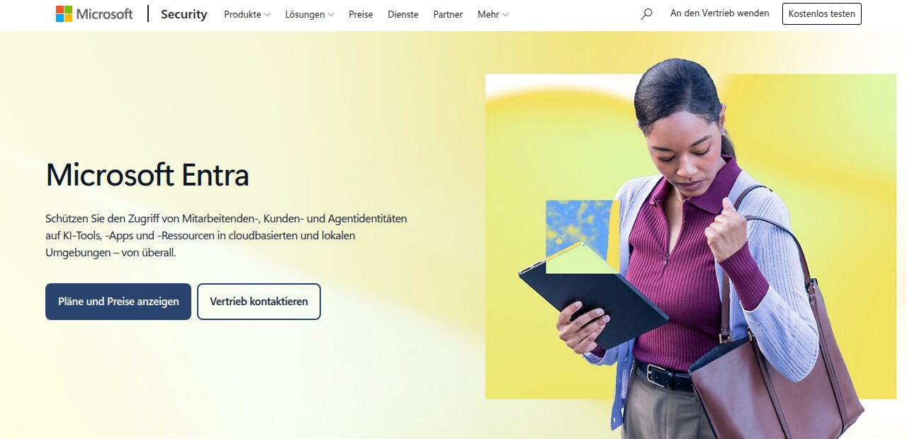 Ausschnitt der deutschen Microsoft-Entra-Produktseite mit Überschrift und Werbefoto