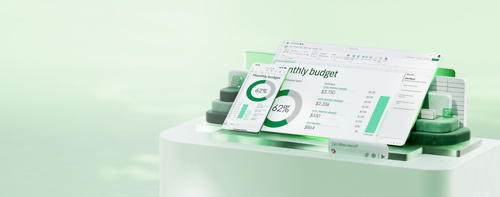 Een Excel-werkblad met een maandbudget op laptop en smartphone, tegen een lichtgroene achtergrond