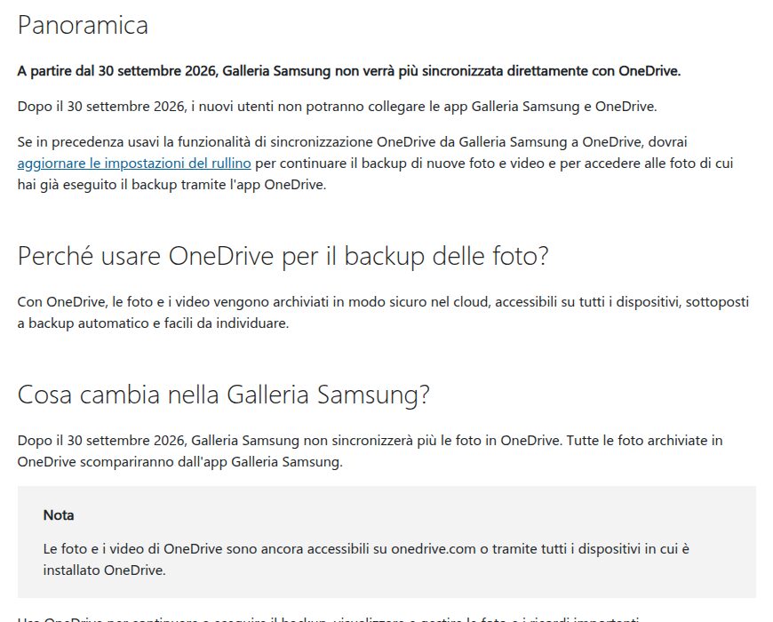 Pagina di supporto Microsoft in italiano che annuncia la fine della sincronizzazione tra Galleria Samsung e OneDrive dal 30 settembre 2026