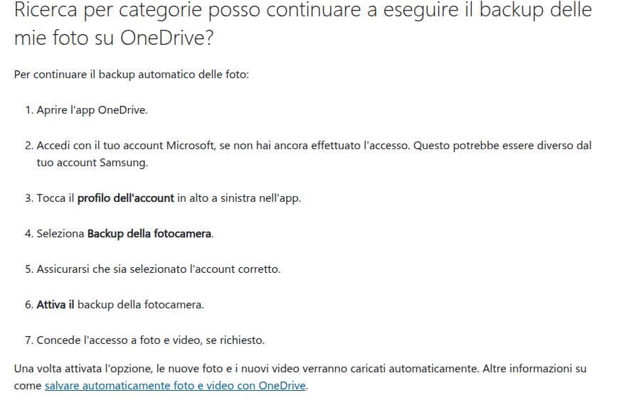 Passaggi indicati da Microsoft per attivare il backup della fotocamera nell'app OneDrive