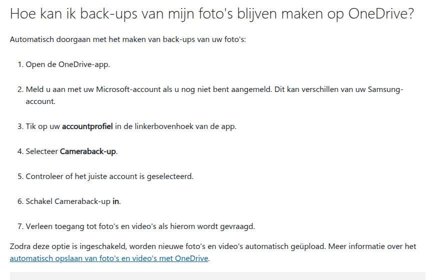 De stappen die Microsoft geeft om Cameraback-up in de OneDrive-app in te schakelen