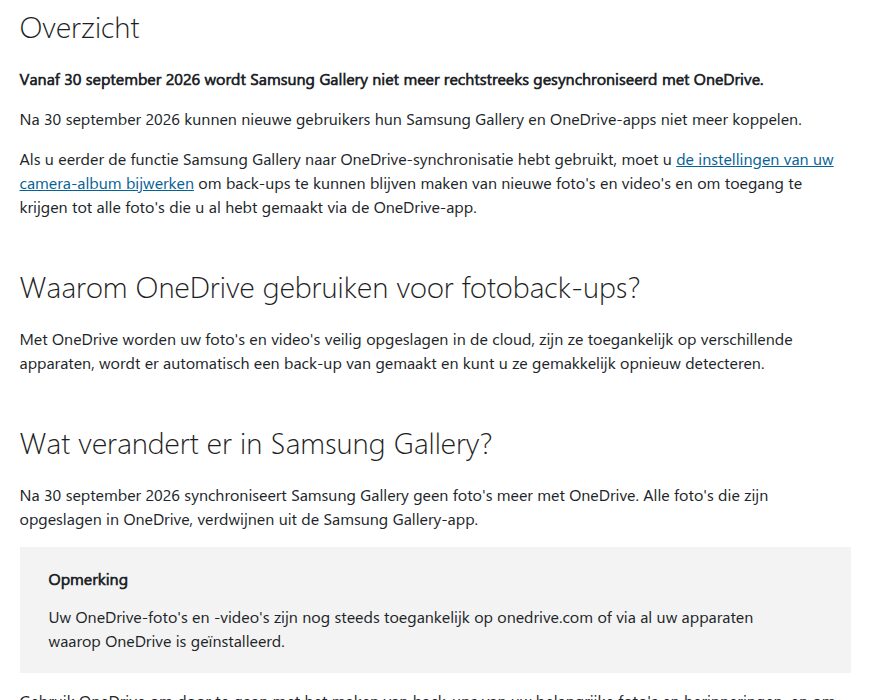 Nederlandstalige ondersteuningspagina van Microsoft over het einde van de synchronisatie tussen Samsung Gallery en OneDrive op 30 september 2026