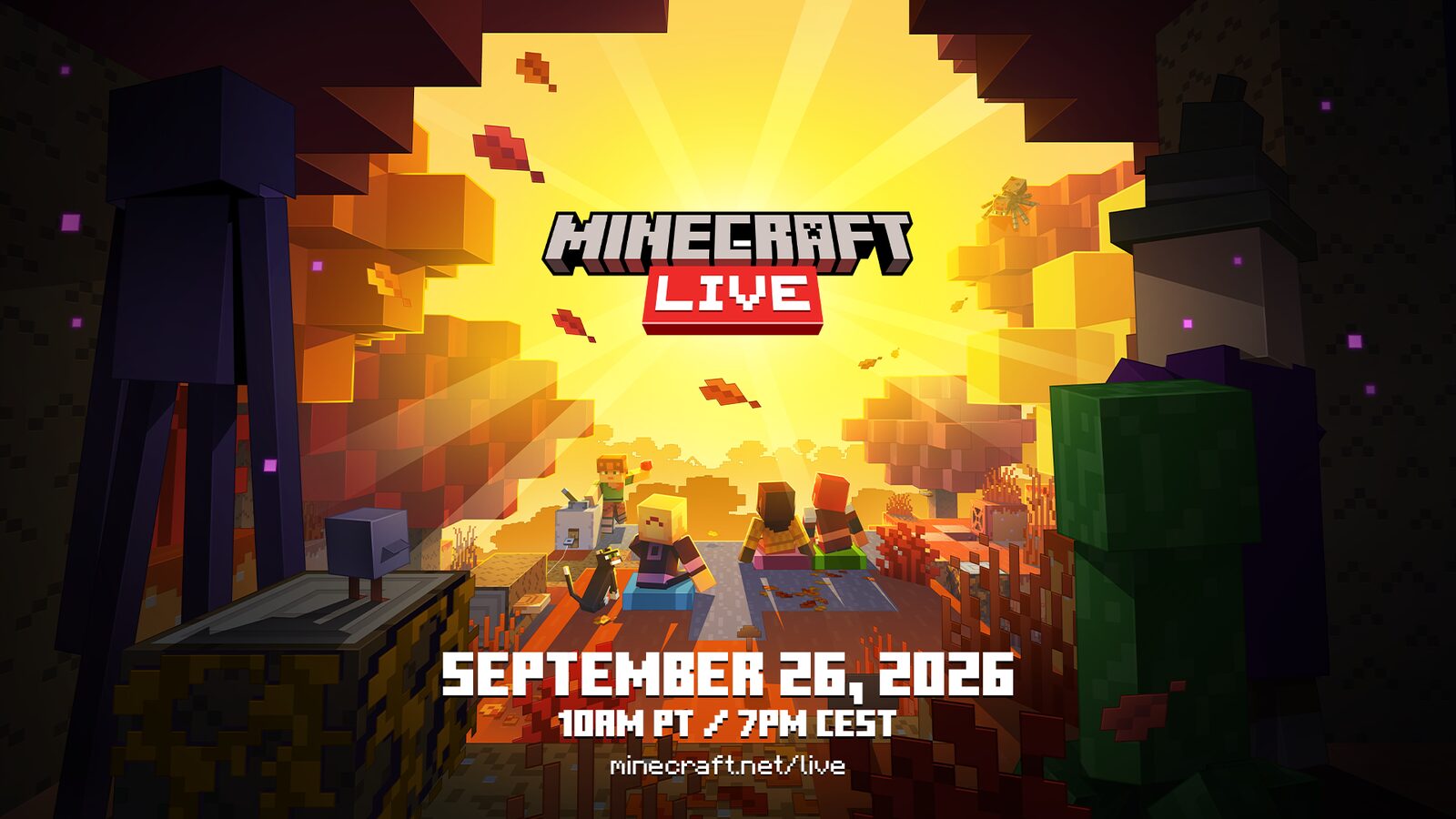 Minecraft Live Eylül 2026 resmi afişi; turuncu ışık saçan bir geçidin önünde Minecraft karakterleri, Enderman ve zombi