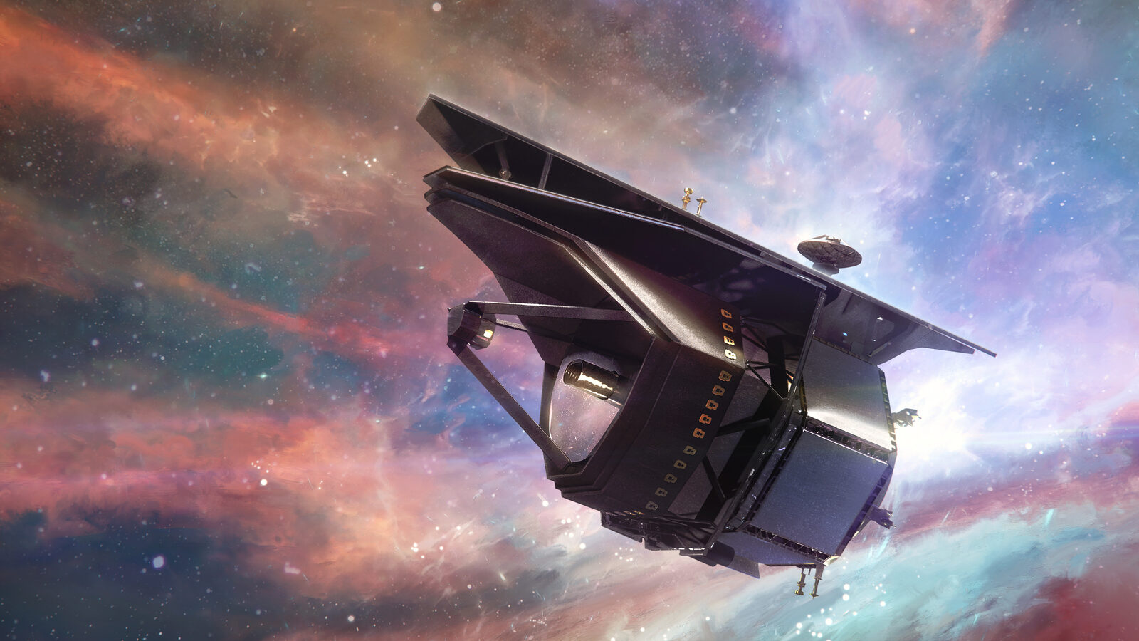 Künstlerische Darstellung des Weltraumteleskops PRIMA vor einer farbigen Gas- und Staubwolke