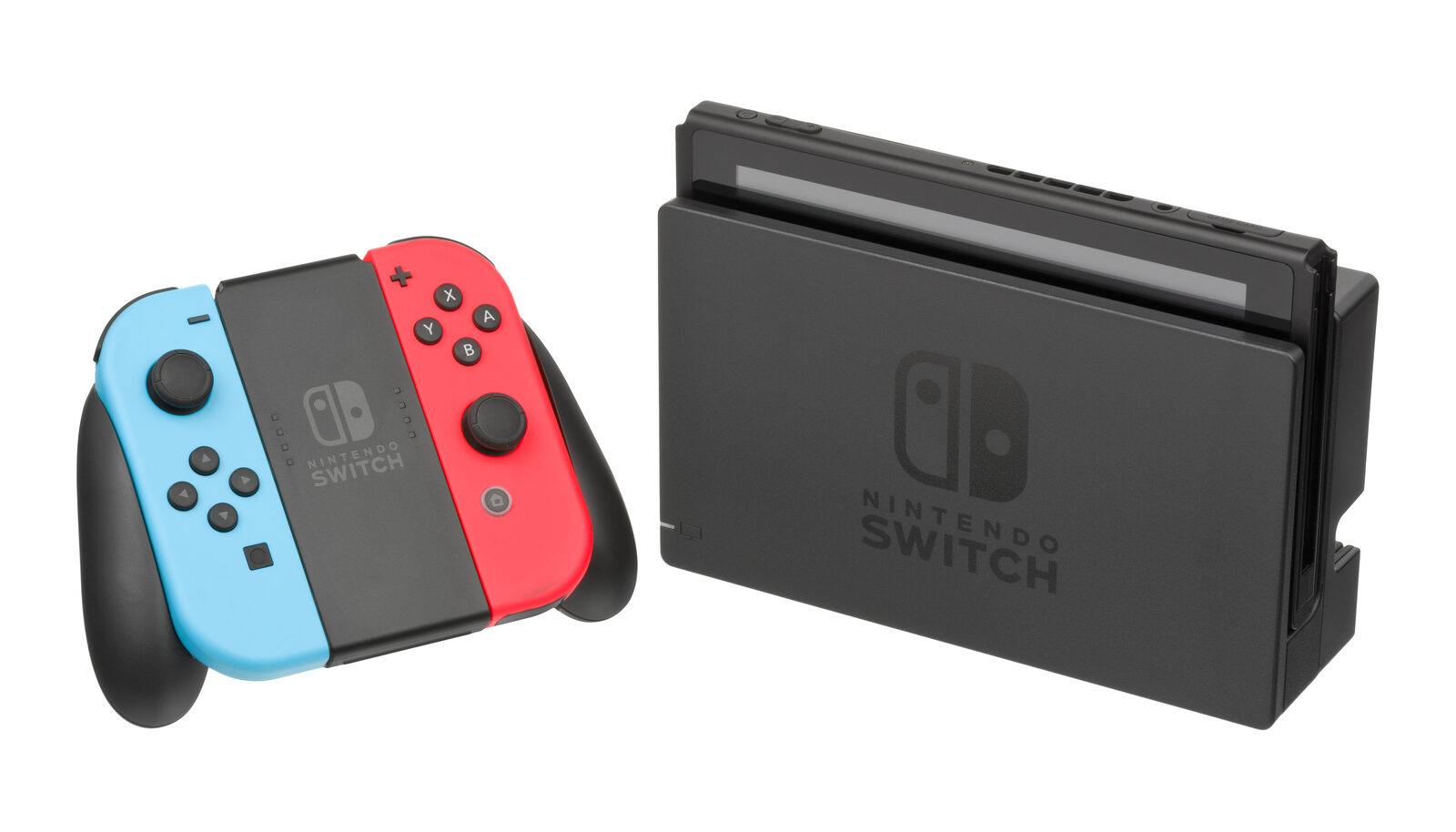 Yuvasına takılı Nintendo Switch konsolu ve yanında mavi-kırmızı Joy-Con kontrolcülü tutamak