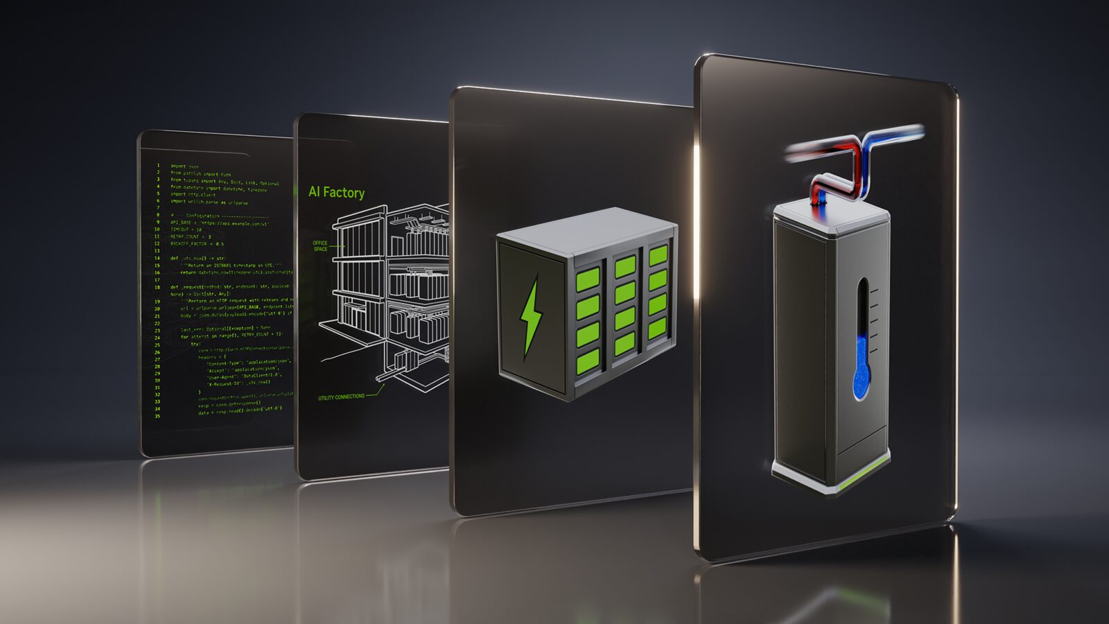 NVIDIA'nın DSX Ready görseli: yazılım, yapay zeka fabrikası, güç ve soğutma birimlerini gösteren paneller