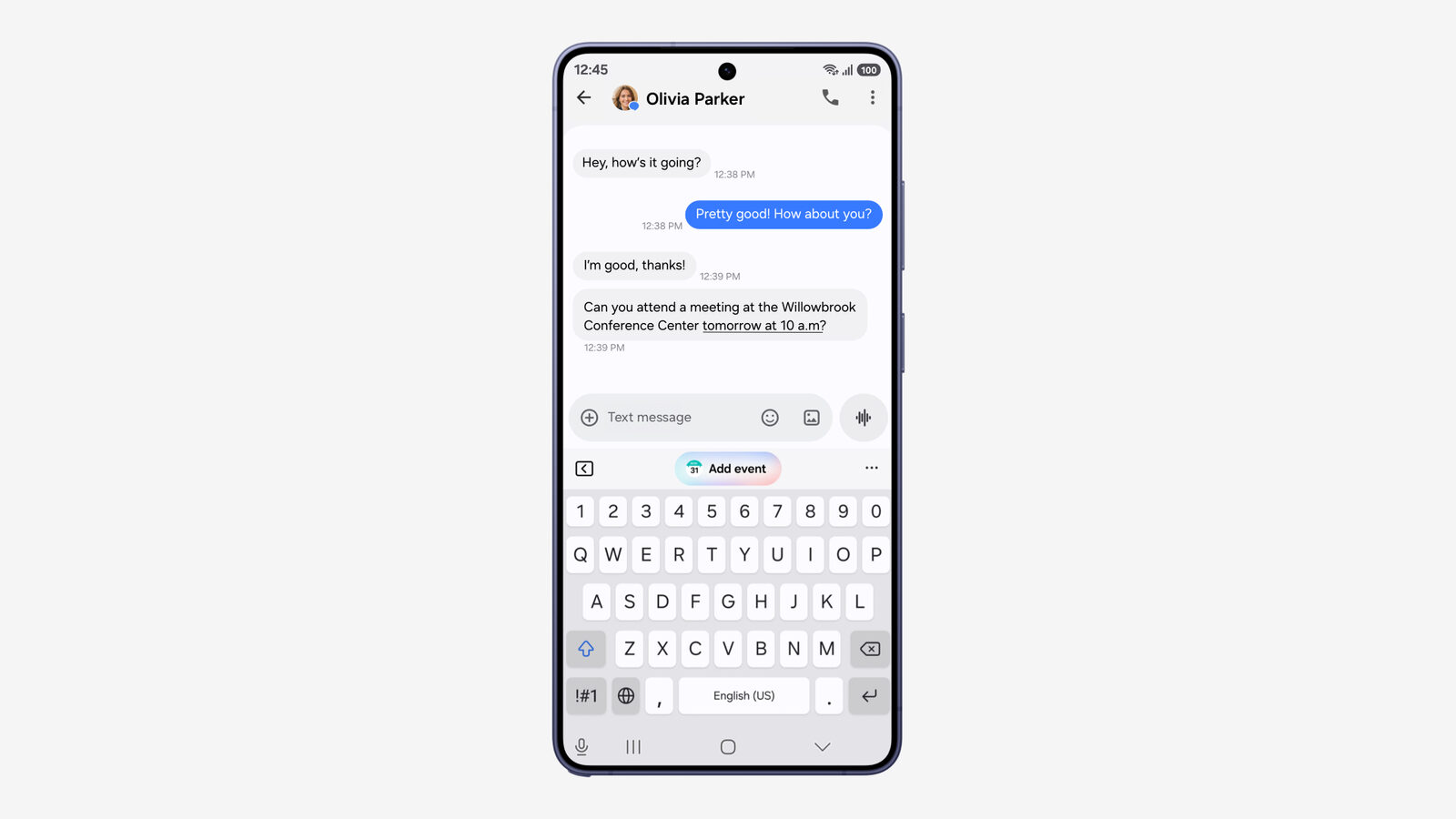Galaxy S26 Ultra con One UI 9 che suggerisce di aggiungere un evento al calendario partendo da un messaggio in chat