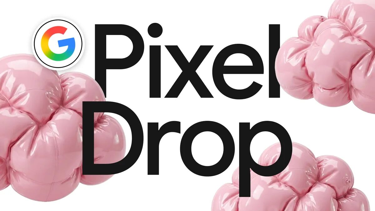 La grafica ufficiale del Pixel Drop di Google con il logo G e forme rosa gonfiabili