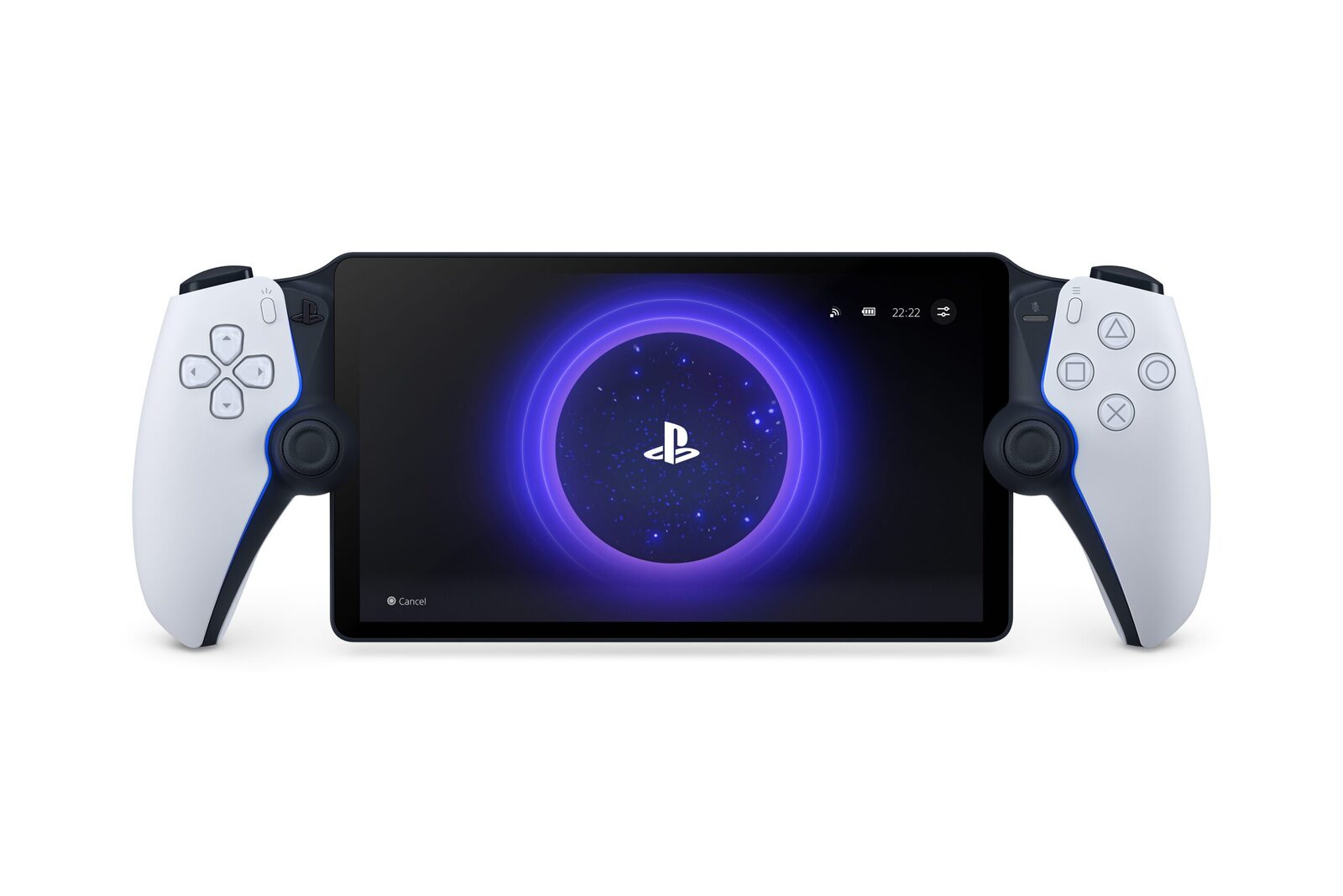 PlayStation Portal in Weiß von vorn mit eingeschaltetem Display und PlayStation-Logo
