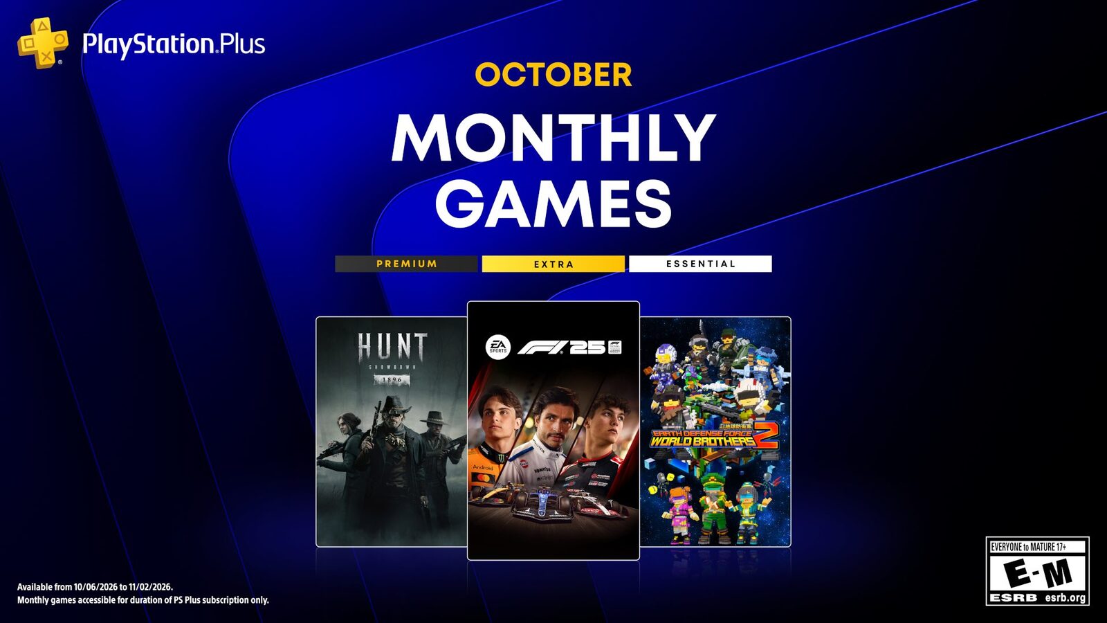 Offizielle PlayStation-Plus-Grafik zu den Monatsspielen im Oktober mit den Covern von Hunt Showdown 1896, F1 25 und Earth Defense Force World Brothers 2