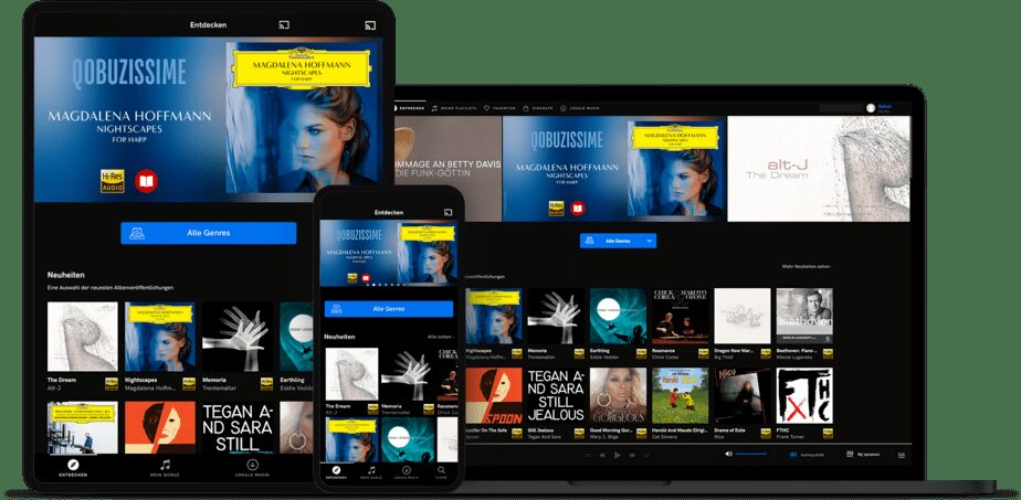 Die Qobuz-App auf Tablet, Smartphone und Laptop mit Albumübersicht