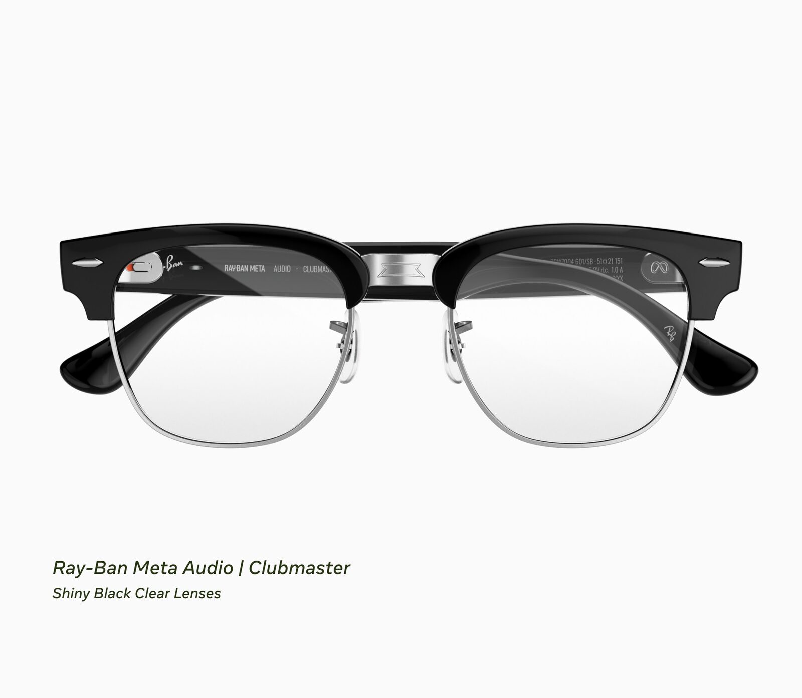 Görsel: Meta Ray-Ban Meta Audio Clubmaster, parlak siyah çerçeve ve şeffaf camlar