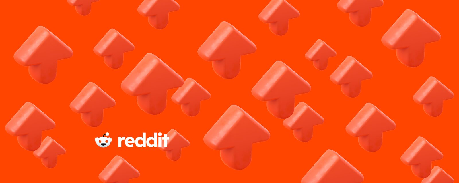 Turuncu zemin üzerinde üç boyutlu yukarı ok simgeleri ve beyaz Reddit logosu