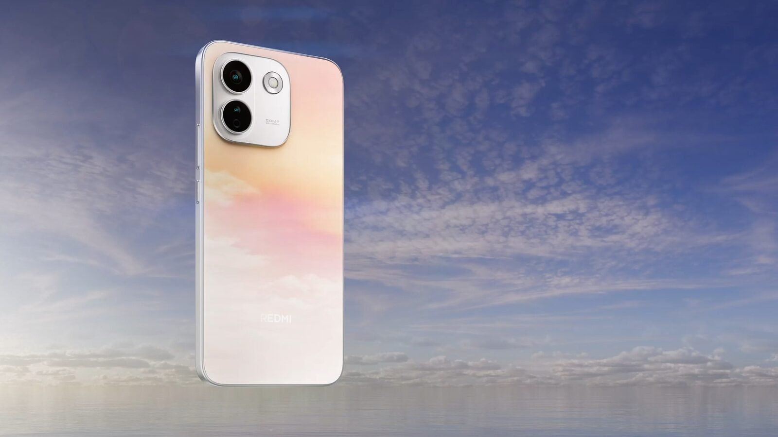 Bulutların önünde havada duran, çift kameralı Redmi Note 17 Pro Max 5G'nin arka yüzü